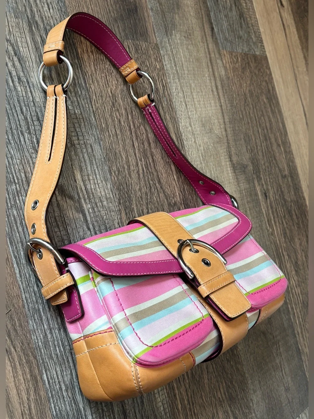 Vintage Y2K Coach Soho Hampton Pastel Pink Striped Canvas Shoulder  Bag Buckle